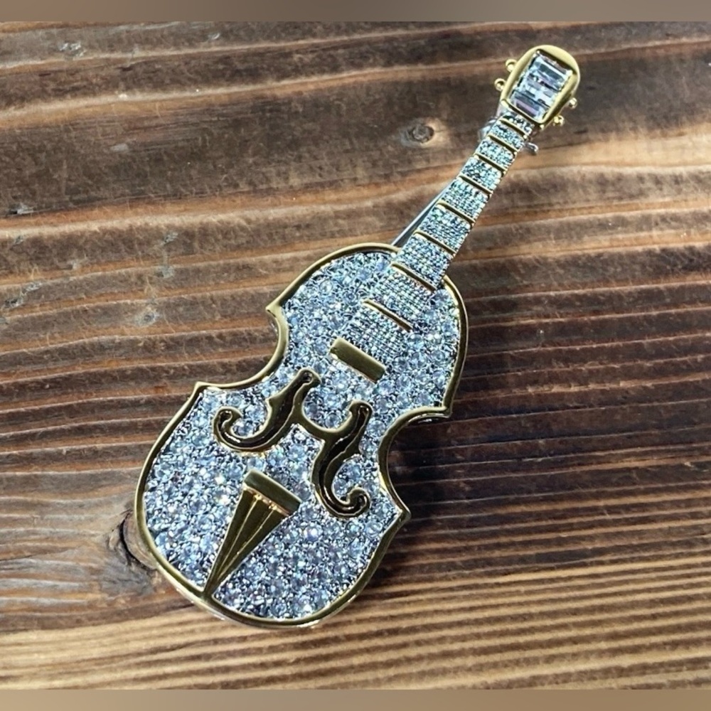 Violin Cello Brooch Silver Gold Tone Crystal Rhinestone Pin